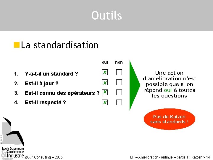 Outils n La standardisation oui 1. Y-a-t-il un standard ? x 2. Est-il à