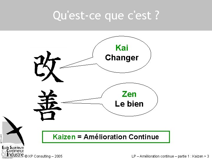 Qu'est-ce que c'est ? Kai Changer Zen Le bien Kaizen = Amélioration Continue ©