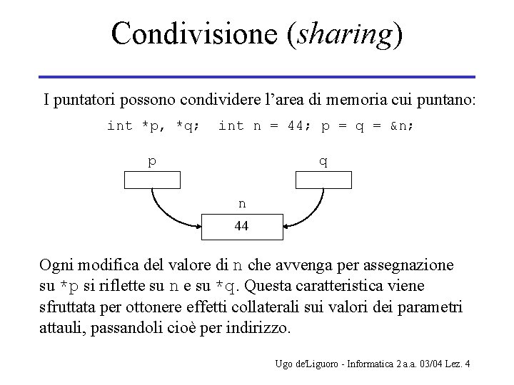 Condivisione (sharing) I puntatori possono condividere l’area di memoria cui puntano: int *p, *q;