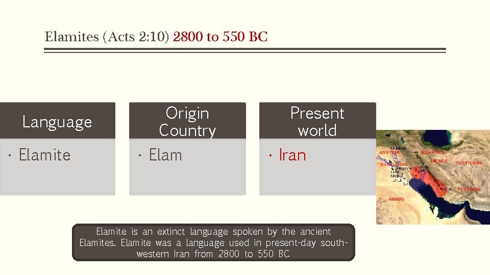 Elamites (Acts 2: 10) 2800 to 550 BC Language • Elamite Origin Country •