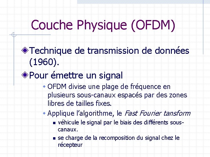 Couche Physique (OFDM) Technique de transmission de données (1960). Pour émettre un signal w