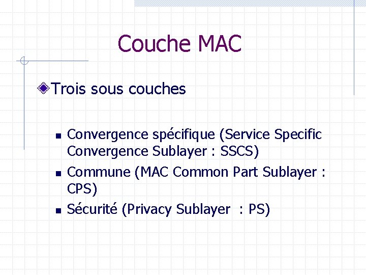 Couche MAC Trois sous couches n n n Convergence spécifique (Service Specific Convergence Sublayer