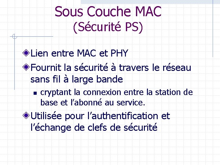 Sous Couche MAC (Sécurité PS) Lien entre MAC et PHY Fournit la sécurité à