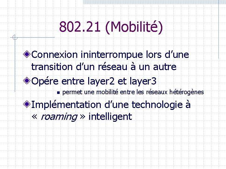 802. 21 (Mobilité) Connexion ininterrompue lors d’une transition d’un réseau à un autre Opére