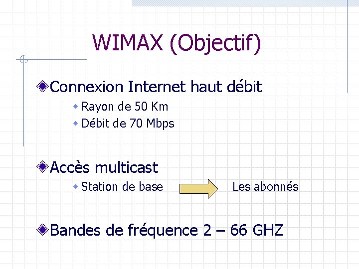 WIMAX (Objectif) Connexion Internet haut débit w Rayon de 50 Km w Débit de