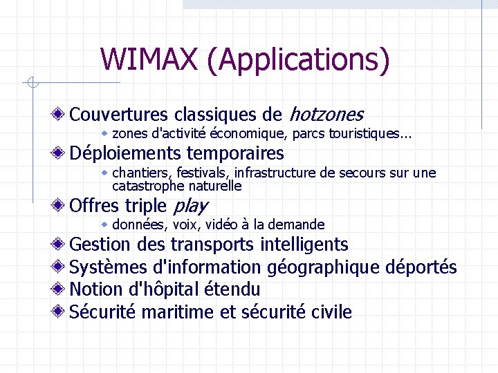 WIMAX (Applications) Couvertures classiques de hotzones w zones d'activité économique, parcs touristiques. . .