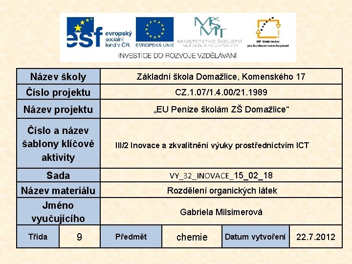 Název školy Základní škola Domažlice, Komenského 17 Číslo projektu CZ. 1. 07/1. 4. 00/21.