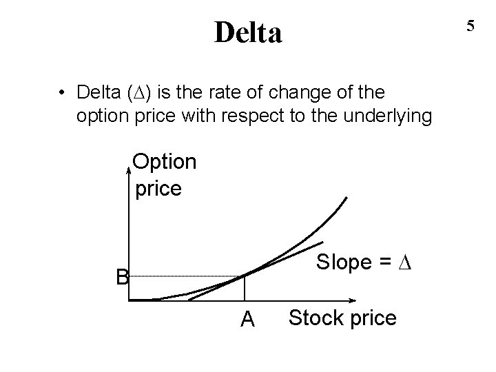 Delta 5 • Delta (D) is the rate of change of the option price Delta 5 • Delta (D) is the rate of change of the option price