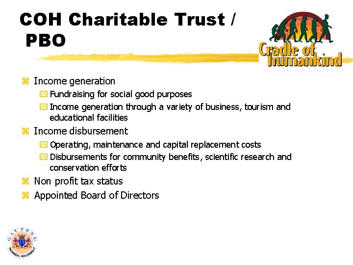 COH Charitable Trust / PBO z Income generation y Fundraising for social good purposes
