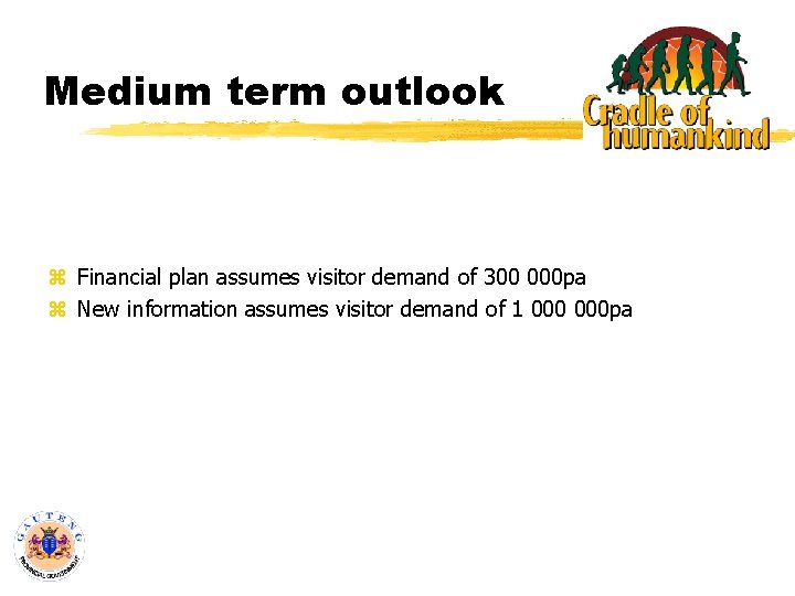 Medium term outlook z Financial plan assumes visitor demand of 300 000 pa z