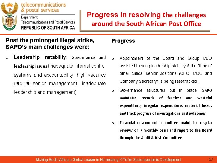 Progress in resolving the challenges around the South African Post Office Post the prolonged