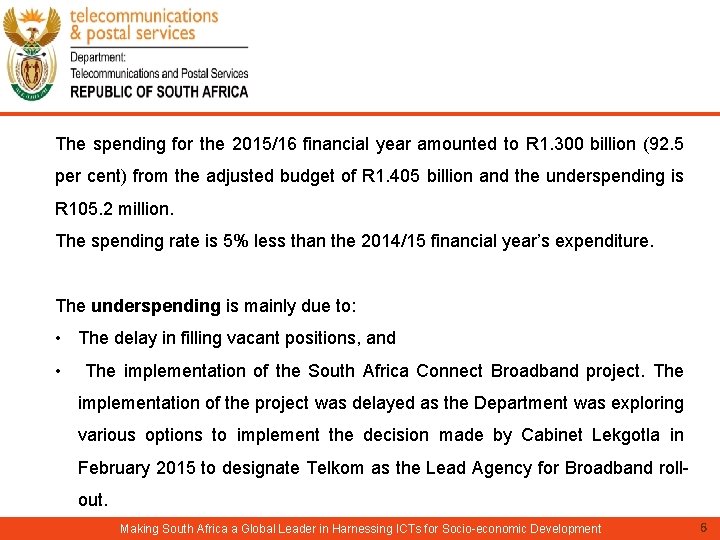 The spending for the 2015/16 financial year amounted to R 1. 300 billion (92.