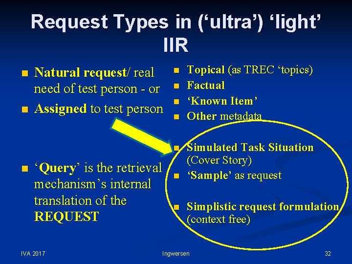 Request Types in (‘ultra’) ‘light’ IIR n n Natural request/ real need of test