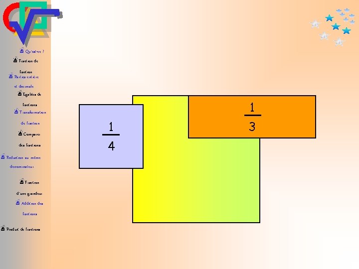 æQu’est-ce ? æFraction de fraction æParties entière et décimale æEgalités de 1 fractions æTransformation