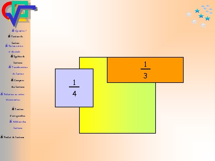 æQu’est-ce ? æFraction de fraction æParties entière et décimale æEgalités de 1 fractions æTransformation