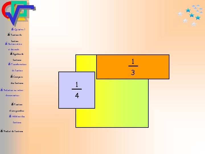 æQu’est-ce ? æFraction de fraction æParties entière et décimale æEgalités de 1 fractions æTransformation