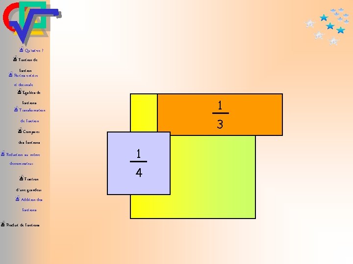 æQu’est-ce ? æFraction de fraction æParties entière et décimale æEgalités de 1 fractions æTransformation