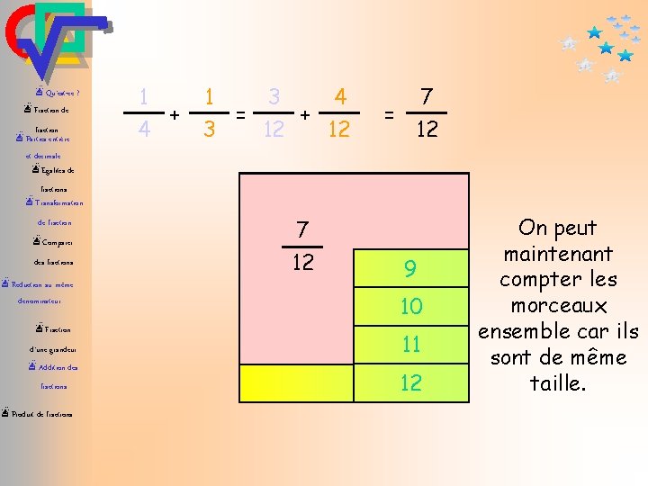 æQu’est-ce ? æFraction de fraction æParties entière et décimale æEgalités de 1 + 4