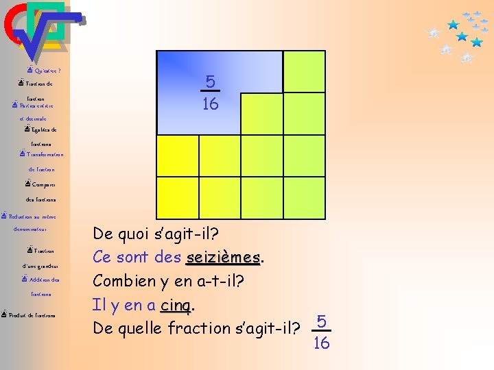 æQu’est-ce ? æFraction de fraction æParties entière et décimale æEgalités de 1 4 2