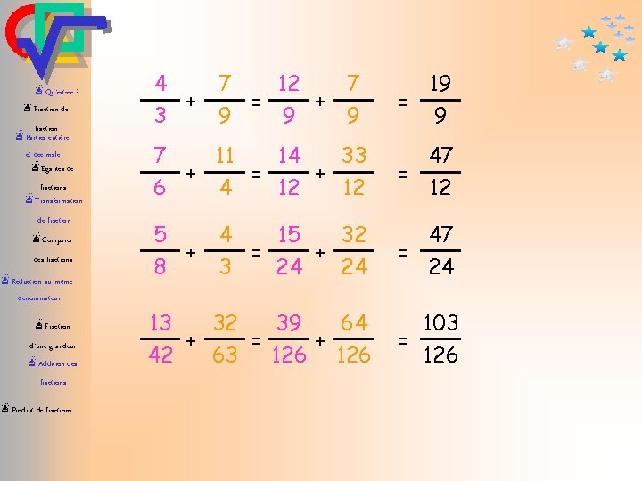 æQu’est-ce ? æFraction de fraction æParties entière et décimale æEgalités de fractions æTransformation de