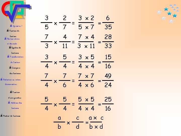 æQu’est-ce ? æFraction de fraction æParties entière et décimale æEgalités de fractions æTransformation de