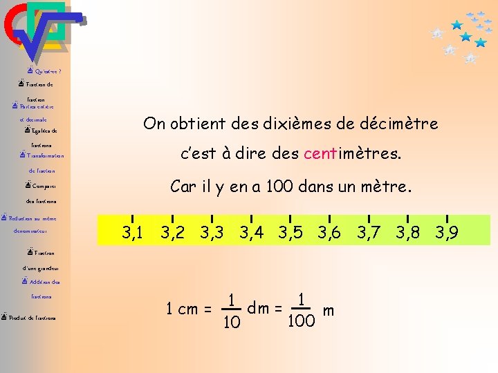 æQu’est-ce ? æFraction de fraction æParties entière et décimale æEgalités de On obtient des