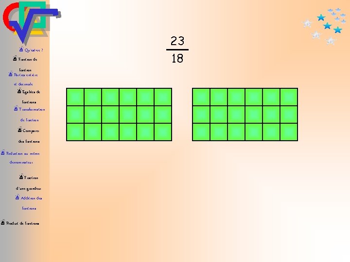 æQu’est-ce ? æFraction de fraction æParties entière et décimale æEgalités de fractions æTransformation de