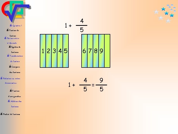 æQu’est-ce ? æFraction de fraction æParties entière et décimale æEgalités de fractions æTransformation 1+