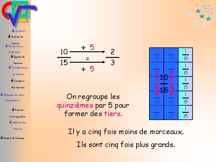 æQu’est-ce ? æFraction de fraction æParties entière et décimale æEgalités de fractions æTransformation de