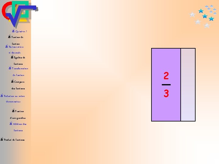 æQu’est-ce ? æFraction de fraction æParties entière et décimale æEgalités de fractions æTransformation de