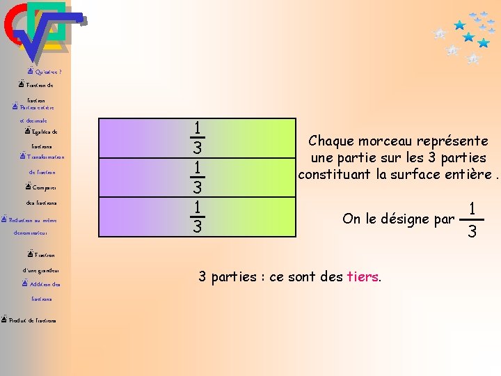 æQu’est-ce ? æFraction de fraction æParties entière et décimale æEgalités de fractions æTransformation de