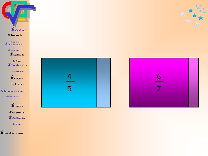 æQu’est-ce ? æFraction de fraction æParties entière et décimale æEgalités de fractions æTransformation de