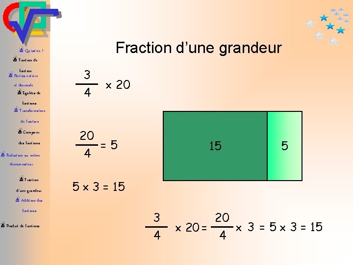 Fraction d’une grandeur æQu’est-ce ? æFraction de fraction æParties entière et décimale æEgalités de