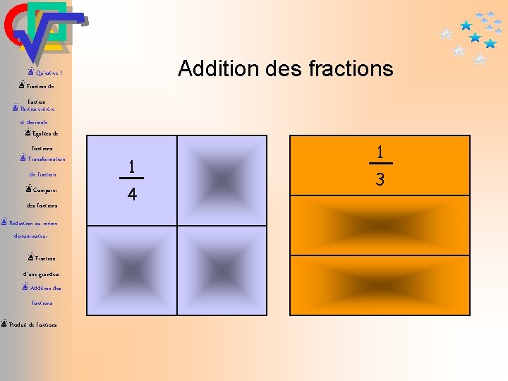 Addition des fractions æQu’est-ce ? æFraction de fraction æParties entière et décimale æEgalités de