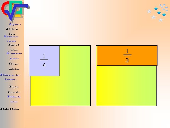 æQu’est-ce ? æFraction de fraction æParties entière et décimale æEgalités de fractions æTransformation de