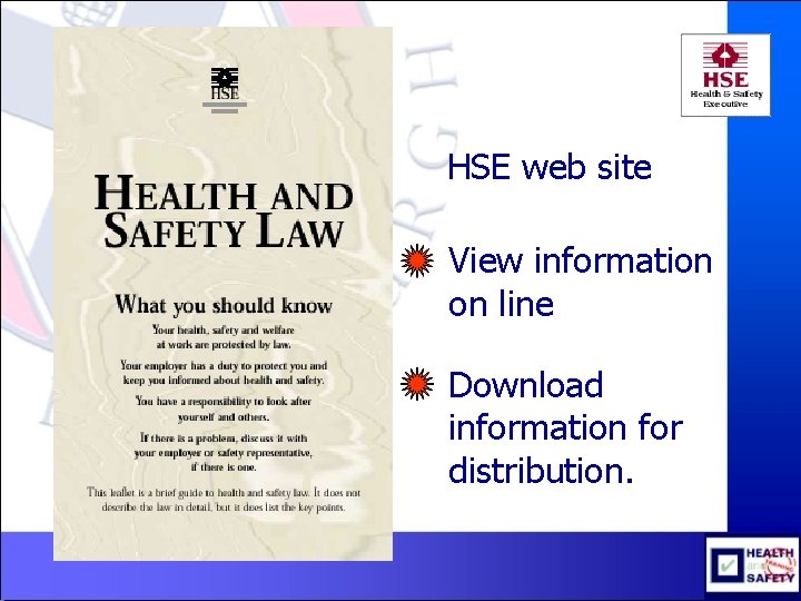 HSE web site View information on line Download information for distribution. 