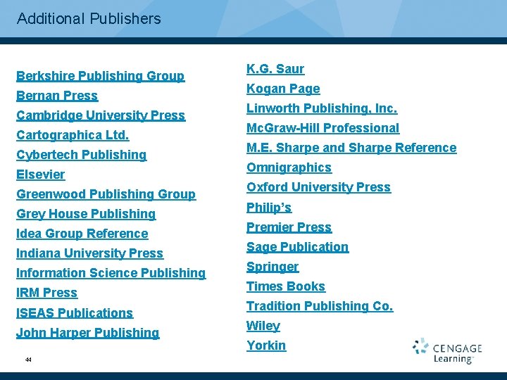 Additional Publishers Berkshire Publishing Group Bernan Press Cambridge University Press Cartographica Ltd. Cybertech Publishing