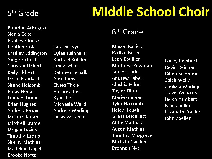 Middle School Choir 5 th Grade Brandon Arbogast Sierra Baker Bradley Clouse Heather Cole