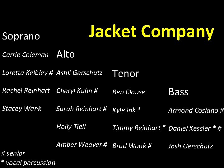Jacket Company Soprano Carrie Coleman Alto Loretta Kelbley # Ashli Gerschutz Tenor Rachel Reinhart