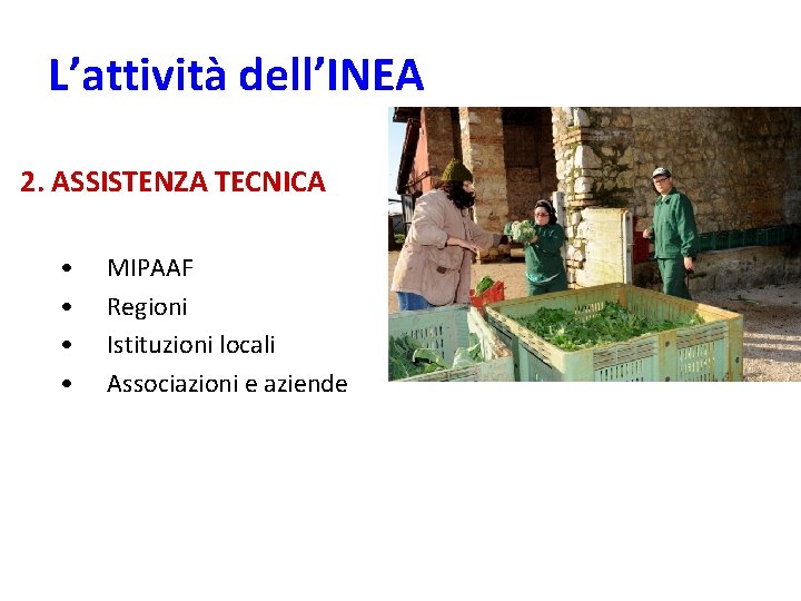 L’attività dell’INEA 2. ASSISTENZA TECNICA • • MIPAAF Regioni Istituzioni locali Associazioni e aziende