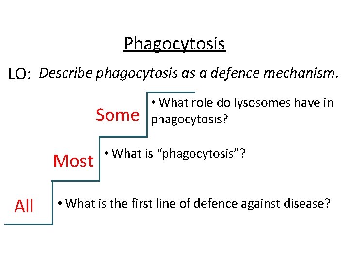 Phagocytosis LO: Describe phagocytosis as a defence mechanism. Some Most All • What role