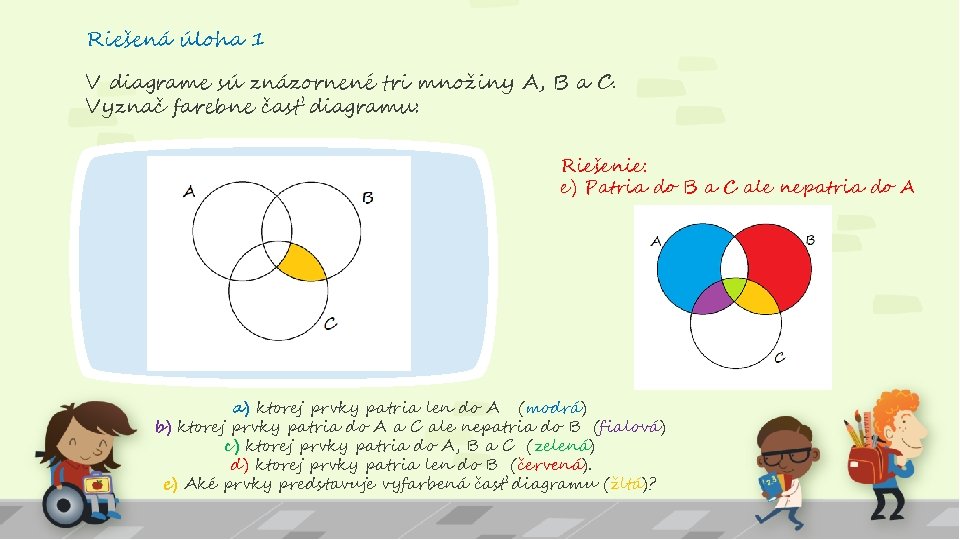 Riešená úloha 1 V diagrame sú znázornené tri množiny A, B a C. Vyznač