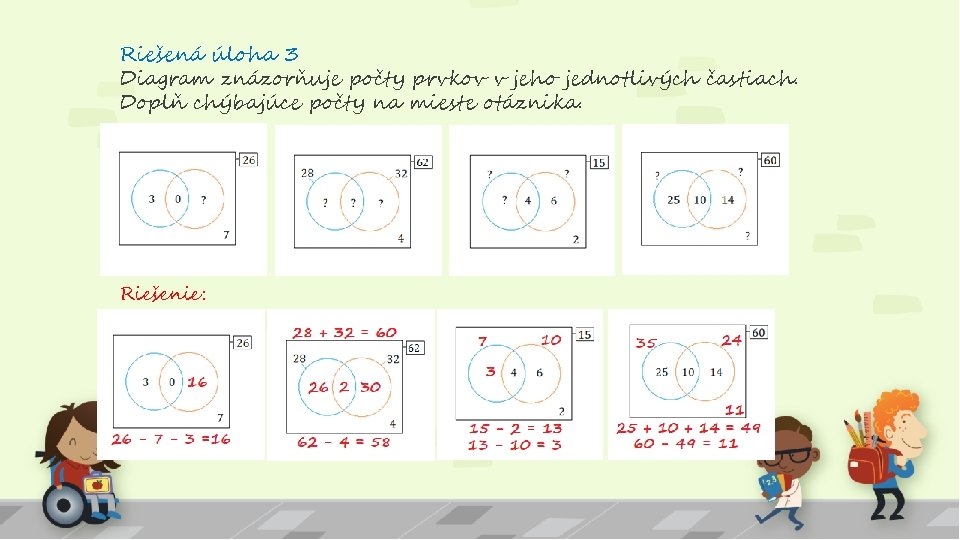 Riešená úloha 3 Diagram znázorňuje počty prvkov v jeho jednotlivých častiach. Doplň chýbajúce počty
