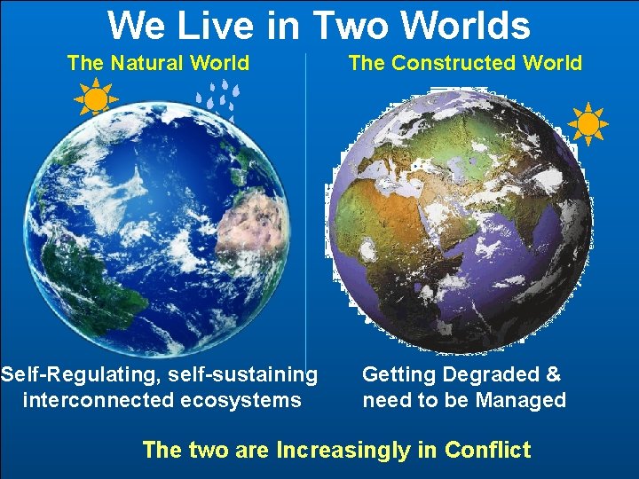 We Live in Two Worlds The Natural World The Constructed World Self-Regulating, self-sustaining interconnected