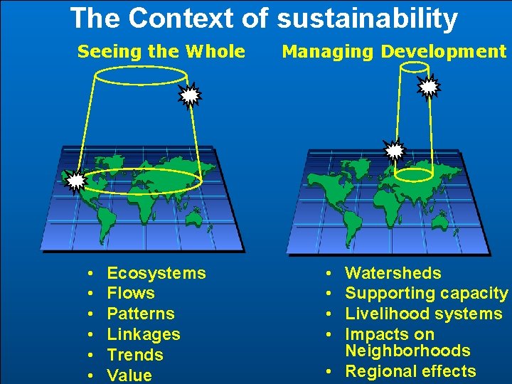 The Context of sustainability Seeing the Whole • • • Ecosystems Flows Patterns Linkages
