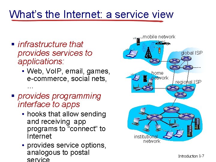 What’s the Internet: a service view § infrastructure that provides services to applications: •