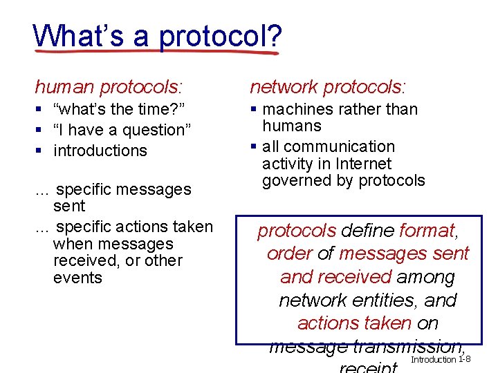 What’s a protocol? human protocols: network protocols: § “what’s the time? ” § “I