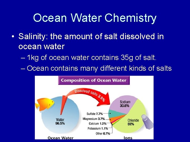 Ocean Water Chemistry • Salinity: the amount of salt dissolved in ocean water –