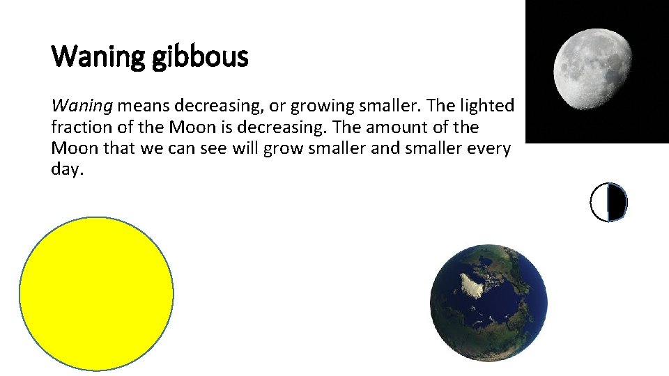 Waning gibbous Waning means decreasing, or growing smaller. The lighted fraction of the Moon
