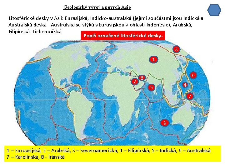 Geologický vývoj a povrch Asie Litosférické desky v Asii: Eurasijská, Indicko-australská (jejími součástmi jsou